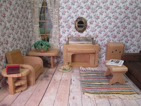 Wood Dollhouse Furniture Nancy Forbes Partial Living Room 1940s