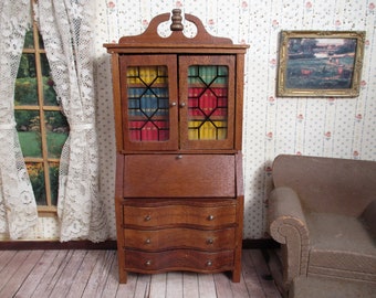 Reserved for R - Vintage Dollhouse Furniture - Strombecker Walnut Secretary #701B and White House Demilune table- 1:12 Scale