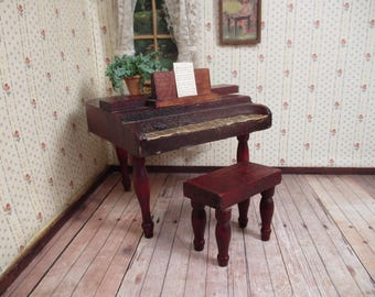 Vintage Dollhouse Furniture - Menasha Piano and Stool - 1:12 Scale