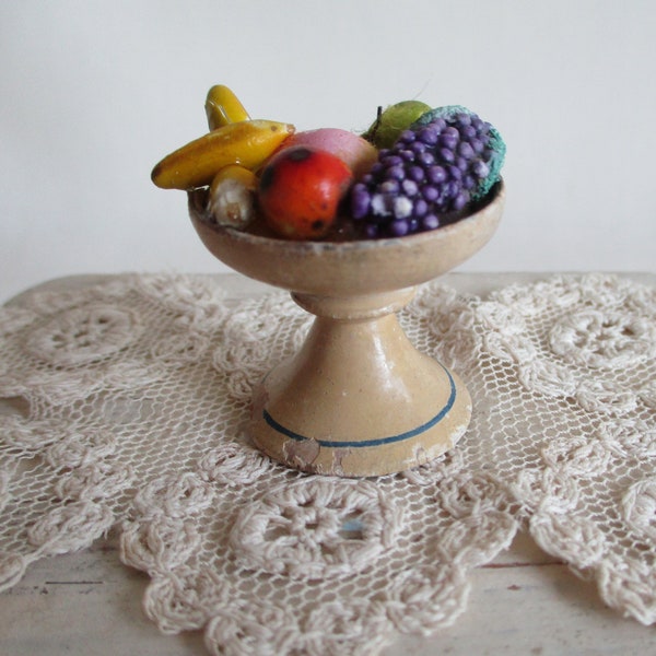 RESERVED FOR LS -Antique German Dollhouse Accessory - Treen (Wooden) Fruit Bowl on Stand - White w/ Blue Stripe -  1:12 Scale- ca. 1900s