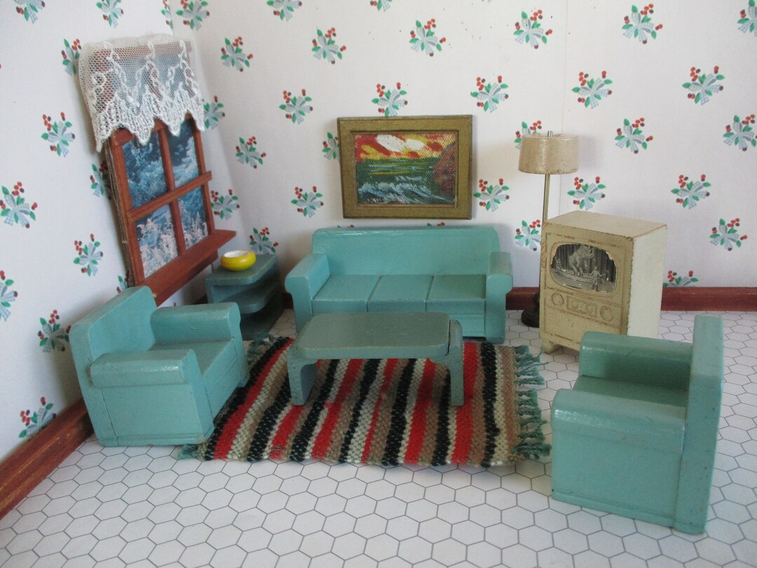 Vintage STROMBECKER Dollhouse Furniture Living Room Set 7 Pieces From