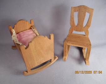 Reserved for P!! Vintage Wooden Dollhouse Furniture - "White House" Cradle and Rocking Chair - 1:12 Scale