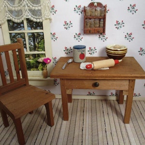 Vintage Wooden Dollhouse Furniture - &quot;White House&quot; Kitchen Work Table or Desk and Chair - 1:12 Scale