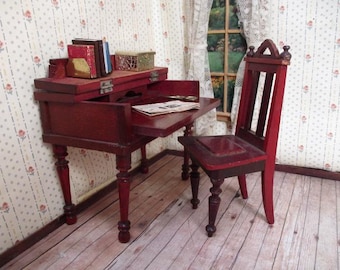 Antique Dollhouse Furniture - Red Lacquer Desk and Chair - Made in Japan and Germany - Larger 1:12 Scale