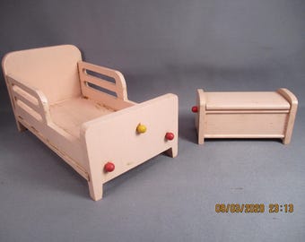 Vintage Dollhouse Furniture - Strombecker Bed and Toy Box from Nursery or Child's Bedroom - 1:12 Scale