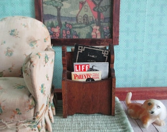 Antique German Walnut Magazine Rack - 1:12 Scale-ca. 20s-30s-Marked-Dollhouse