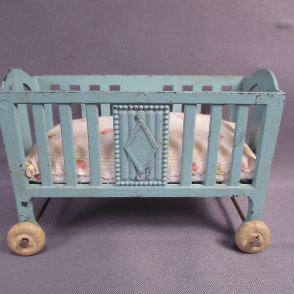 Vintage Dollhouse Furniture - Blue Metal Baby Crib with Wheels - Early 20th Century - 1" Scale