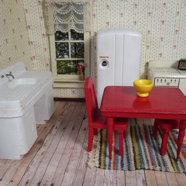 Vintage Wooden Dollhouse Furniture - Strombecker Kitchen Set - 1:12 Scale - 1955