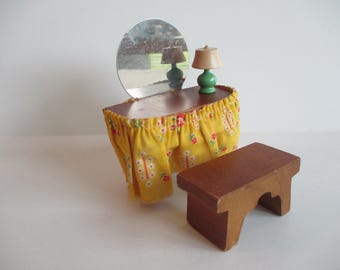RESERVED FOR CUSTOMER!- Vintage Kage Dollhouse Vanity and Stool - Original Fabric- 3/4" Scale-ca. 30s-40s