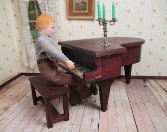 Vintage Dollhouse Furnture - Red Stain Grand Piano and Bench - 1:12 Scale