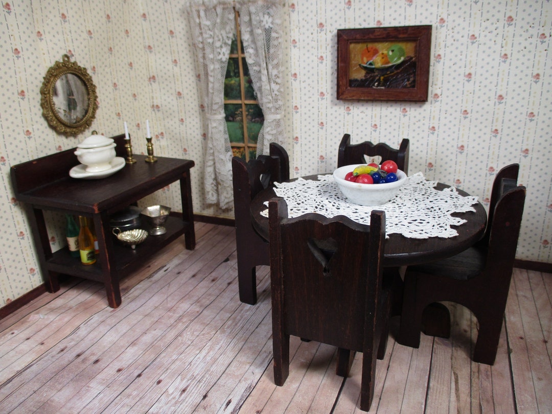 Vintage Dollhouse Furniture Dining Room Table, Four Chairs and Server 1