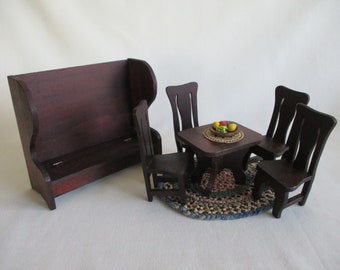 Antique Dollhouse Furniture Set – 1:12 Scale Walnut Bench, Table & Chairs