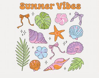 Summer Vibes, Seashells and Bows PNG & SVG, Summer Beach Png Shirt, Summer Shirt Design