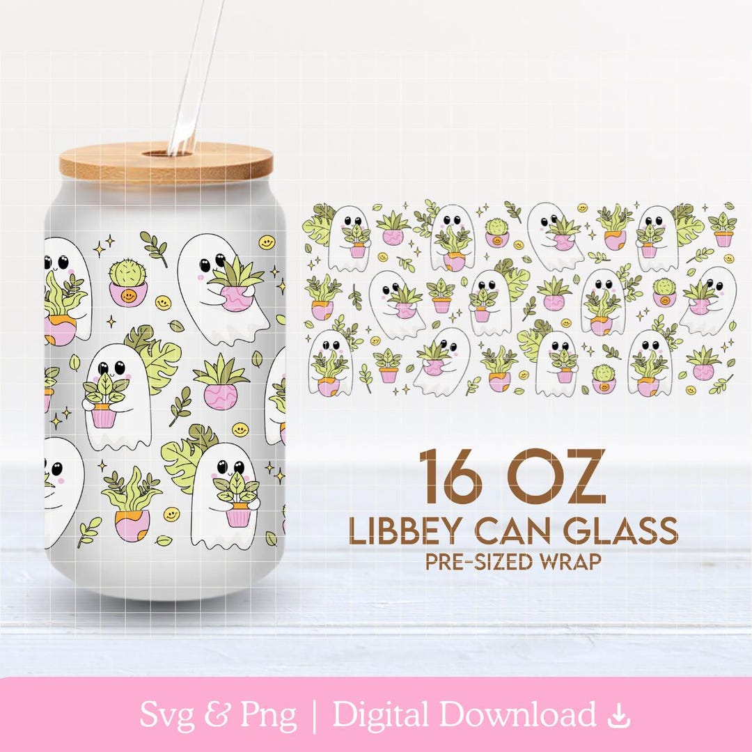 Cute Ghosts & Plants 16oz Cup Wrap PNG SVG, Libbey Glass Can Wrap ...