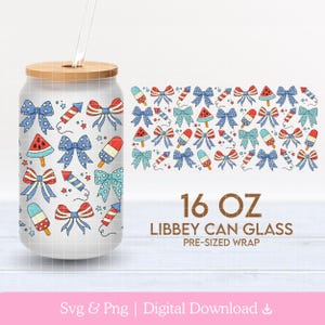 Amerikanische Bögen 16 Unzen Cup Wrap PNG SVG, Libbey Glass Can Wrap, 4. Juli Kokette American Png, Rot Weiß Blau Bow Wrap, Vaterländische Tasse