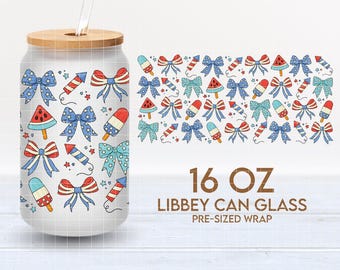 American Bows 16oz Cup Wrap PNG SVG, Libbey Glass Can Wrap, 4th of July Coquette American Png, Red White Blue Bow Wrap, Patriotic cup