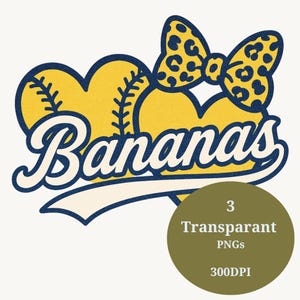 Bundle Baseball PNG Bundle avec noeud léopard - 3 fichiers clipart transparents amusants pour les fans de bananes et les projets d'esprit d'équipe