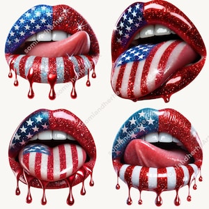 Paquete PNG de labios con bandera estadounidense: Clipart con purpurina del 4 de julio (300 DPI)
