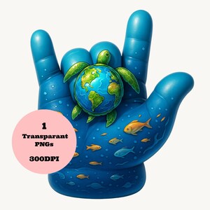 Earth Day PNG Ti amo segno della mano con tartaruga e pianeta Terra, pesce dell'oceano vita marina sublimazione clipart download digitale