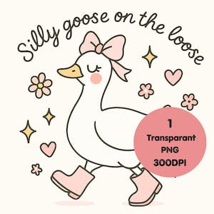 Silly Goose on the Loose PNG Clipart – Cute Walking Goose with Pink Bow and Boots – Transparent Digital Download 300DPI Design