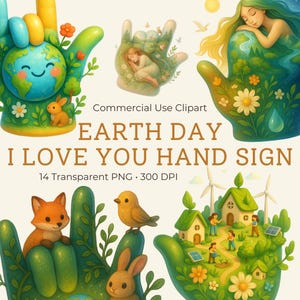 Pacchetto di clipart con il cartello della mano "Ti amo" per la Giornata della Terra, 14 PNG con animali della natura, Eco Village, Madre Terra, set di arte con energia verde