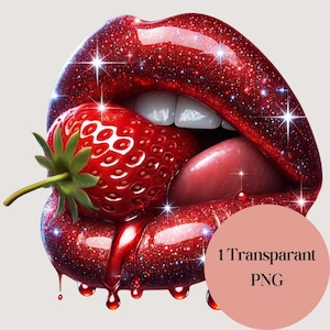 Tropfende Lippe Erdbeere PNG, Erdbeerlippen Sublimation, Sexy rote Lippen Clipart, glänzender Lippentropf