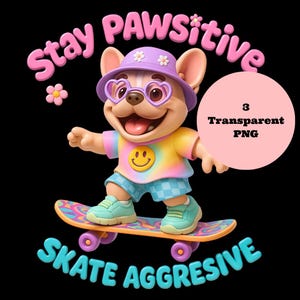 Frenchie Skateboarding PNG Bundle Bleib Pawsitive Skate Aggressive Süße Französische Bulldogge Clipart Pastell Sublimation