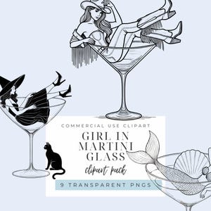 Fille dans des cliparts de verre à Martini, élégant cocktail esthétique PNG, sorcière sirène Glamour Clipart, dessin au trait minimaliste en téléchargement numérique