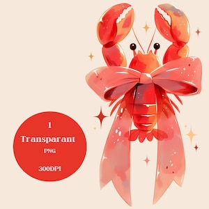 Cute Lobster PNG Clipart with Red Bow | 1 Transparent High Resolution 300 DPI File for Sublimation, Coastal Decor, and Beach Crafts