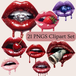 21 PNG tropfende Lippen Clipart, glänzende Lippenstift Sublimation, schmelzende Lippen Ästhetik, transparenter Hintergrund, 300 DPI Digital Download