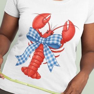 Conjunto de imágenes prediseñadas PNG de langosta con lazos de cuadros vichy / 2 langostas rojas transparentes de 300 DPI para sublimación, decoración costera de verano y diseños de mariscos