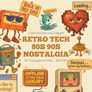 Retro Tech Clipart PNG Bundle – Personagens engraçados da nostalgia dos anos 80 e 90, gadgets vintage, arquivos de sublimação transparentes