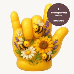 PNG Earth Day Ti amo segno della mano con api, girasoli, margherite, lavanda, carino natura sublimazione clipart file digitale