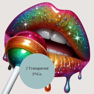 Lèvres dégoulinantes PNG avec des paillettes arc-en-ciel et des cliparts de sucette pour la sublimation, lot d'art numérique transparent esthétique brillant