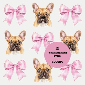 3 kokette französische Bulldogge PNG, niedlicher Hund Clipart, Aquarellwelpe mit Schleife, ästhetische Haustiersublimation, Pastellhundkunst
