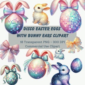 Disco Easter Egg Clipart with Bunny Ears, Glitter PNG, Cute Easter Bunny Clipart, Sparkly Easter Egg PNG