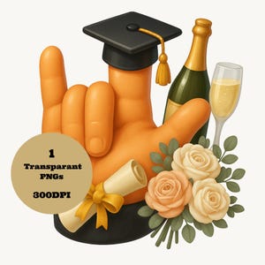 Staffelung PNG Sublimationsdesign Ich liebe dich Handzeichen, Cap Diplom Champagner Blumen Clipart, transparenter digitaler Download