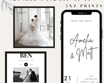 May include: A set of 14 printable wedding invitation templates in a black and white design. The templates feature a variety of styles, including a save the date card with the text "Amelia & Matt" and a wedding invitation with the text "Rebecca & Jason".