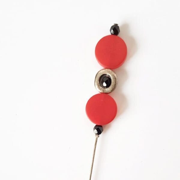 Broche épingle fibule géométrique perles acryliques bonbon en forme de pastille rouge et noir, Vintage des années 80