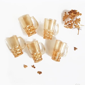 Vintage 5 small glass mugs set in amber transparent iridescent gold colour, Bar accessory, Mother's day gift idea