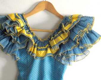 Robe longue espagnole Flamenco à volant bleu et jaune motif pois pour jeune fille, Robe vintage folklorique cousue main