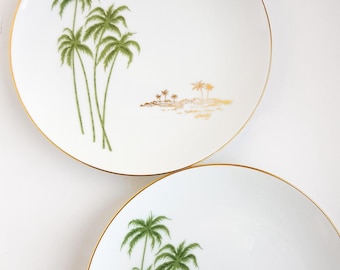 Conjunto de 2 asistentes decorados palmier vert en porcelana blanca, Plat cocina decorativa, Cadeau anniversaire, Fête des mères