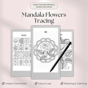 Peut inclure: Trois tablettes numériques affichant des motifs de traçage de fleurs mandala. Les tablettes sont grises avec des stylets noirs. Le texte de l'image indique "Mandala Flowers Tracing", "Instant Download", "Easy to use" et "Relaxing & Calming".