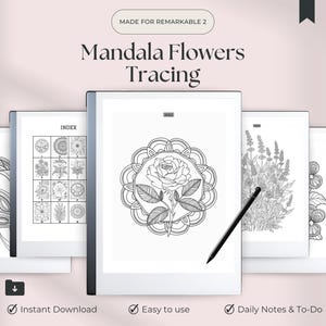 May include: A digital mandala flowers tracing template for Remarkable 2. The image shows several digital templates with floral designs, including a rose, lavender, and other floral patterns. The text reads "Mandala Flowers Tracing".