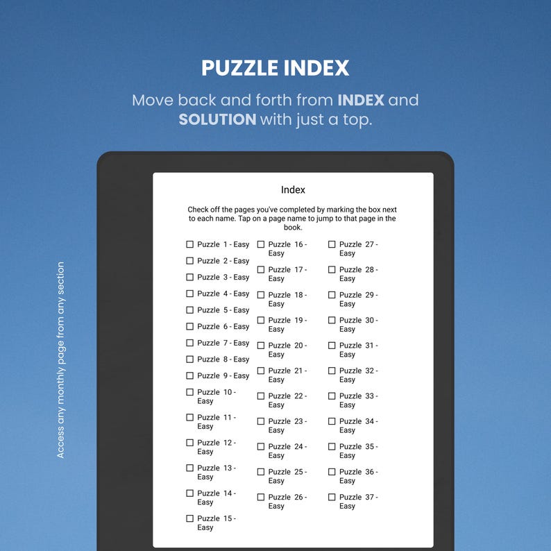 May include: A digital puzzle index with the title "PUZZLE INDEX" at the top. The index includes a list of puzzles with checkboxes for tracking progress. The text reads "Move back and forth from INDEX and SOLUTION with just a tap."