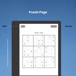 May include: A digital puzzle page with the title "Puzzle Page" at the top. The page displays a Sudoku puzzle labeled "Puzzle 1 - Easy." The words "Index" and "Solution" are also visible. The background is a gradient of blue.