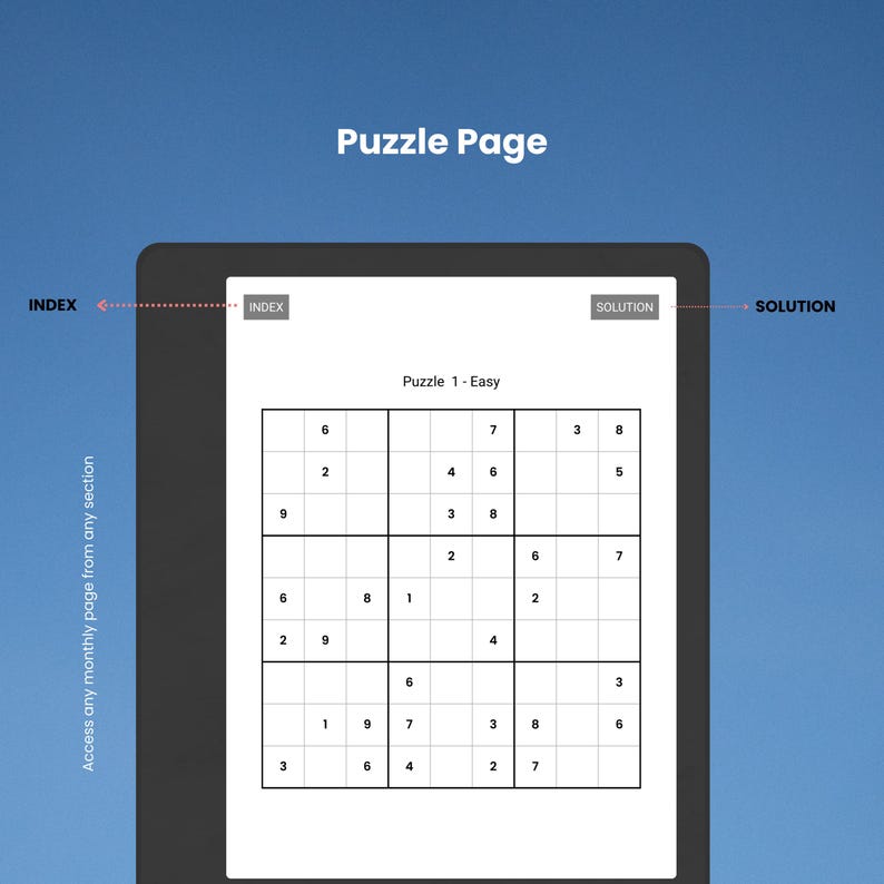 May include: A digital puzzle page with the title "Puzzle Page" at the top. The page displays a Sudoku puzzle labeled "Puzzle 1 - Easy." The words "Index" and "Solution" are also visible. The background is a gradient of blue.