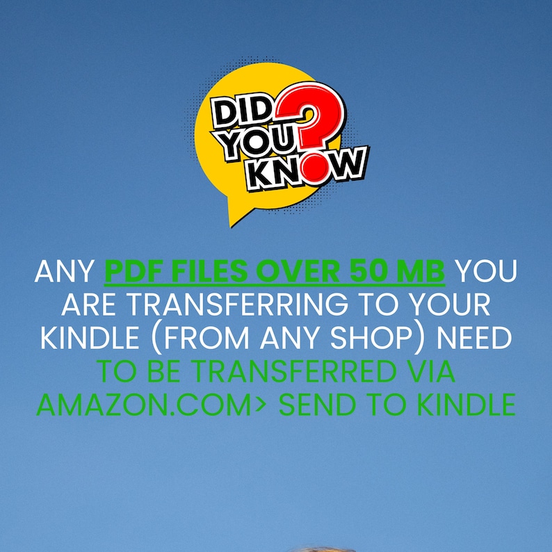 May include: A graphic with the text "DID YOU KNOW" in a yellow speech bubble with a red question mark. Below, text states that PDF files over 50 MB need to be transferred via Amazon.com to Kindle.