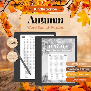 Könnte beinhalten: Zwei Kindle Scribe-Geräte mit "Autumn Word Search Puzzles". Ein Gerät zeigt ein Rätsel, das andere eine Wortliste. Das Bild enthält den Text "Easy to access", "Functional & Simple", "100 Word Searches" und "200+ Pages".