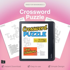Può includere: Un cruciverba digitale per adulti su un e-reader nero, con il titolo "Crossword Puzzle" in giallo e blu. Due cruciverba stampati su entrambi i lati. L'immagine include il testo "Download istantaneo", "Facile da usare" e "Design semplice".